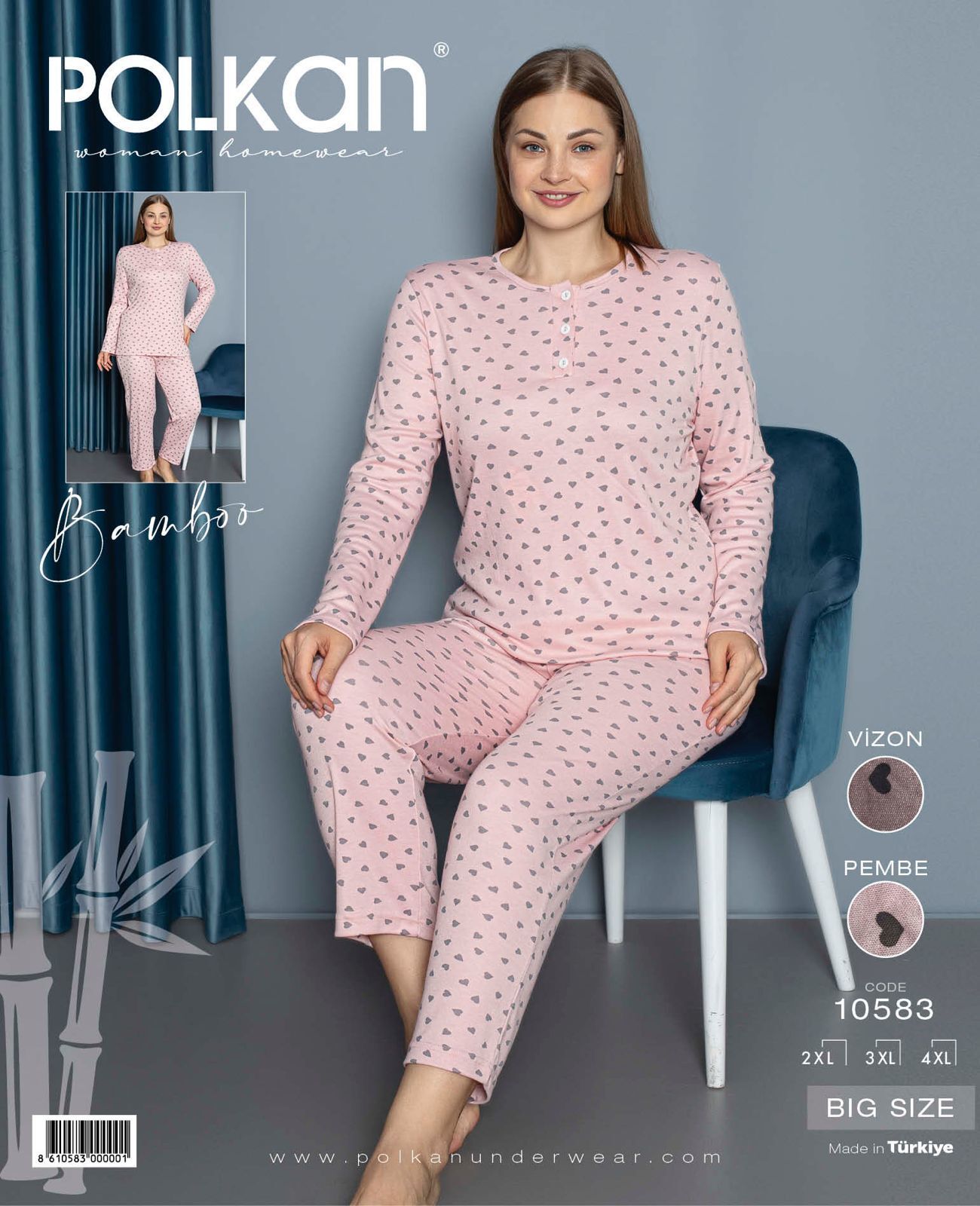 Polkan 10583 Battal Beden Bayan Uzun Kollu Bambu Pijama Takım 3'lü