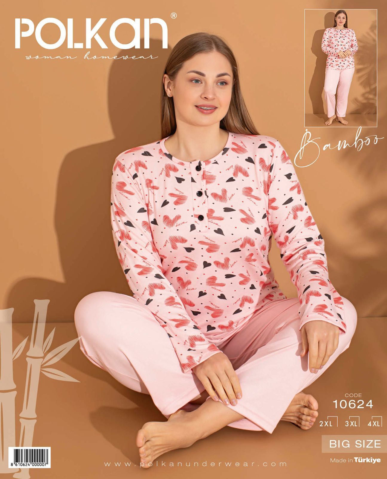 Polkan 10624 Battal Beden Bayan Uzun Kollu Bambu Pijama Takım 3'lü