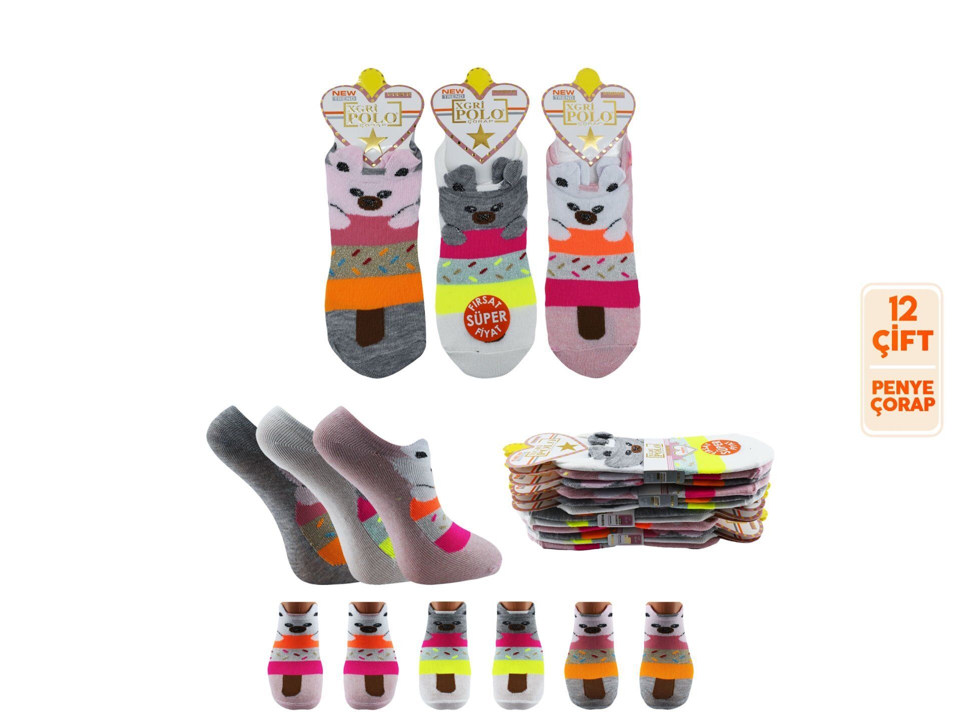 XGRİ POLO 6-23 3 Boyutlu Bayan Penye Sneaker Çorap 12'li
