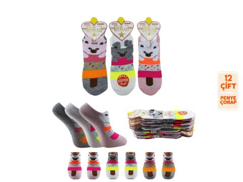 XGRİ POLO 6-23 3 Boyutlu Bayan Penye Sneaker Çorap 12'li