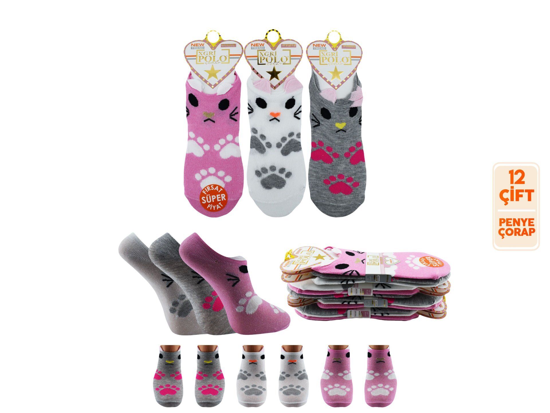 XGRİ POLO 6-20 3 Boyutlu Bayan Penye Sneaker Çorap 12'li