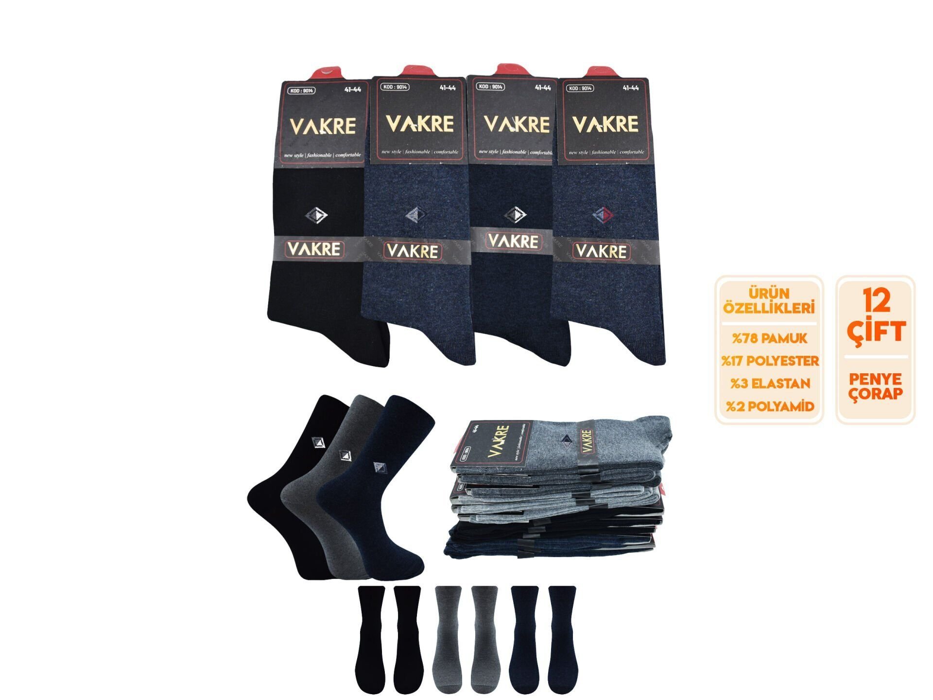 Vakre 9014-33 (41-44) Erkek Penye Likralı Çorap 12'li