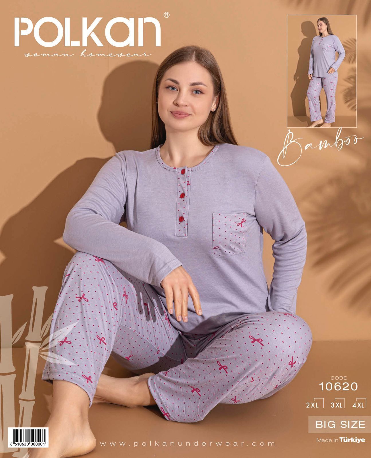 Polkan 10620 Battal Beden Bayan Uzun Kollu Bambu Pijama Takım 3'lü