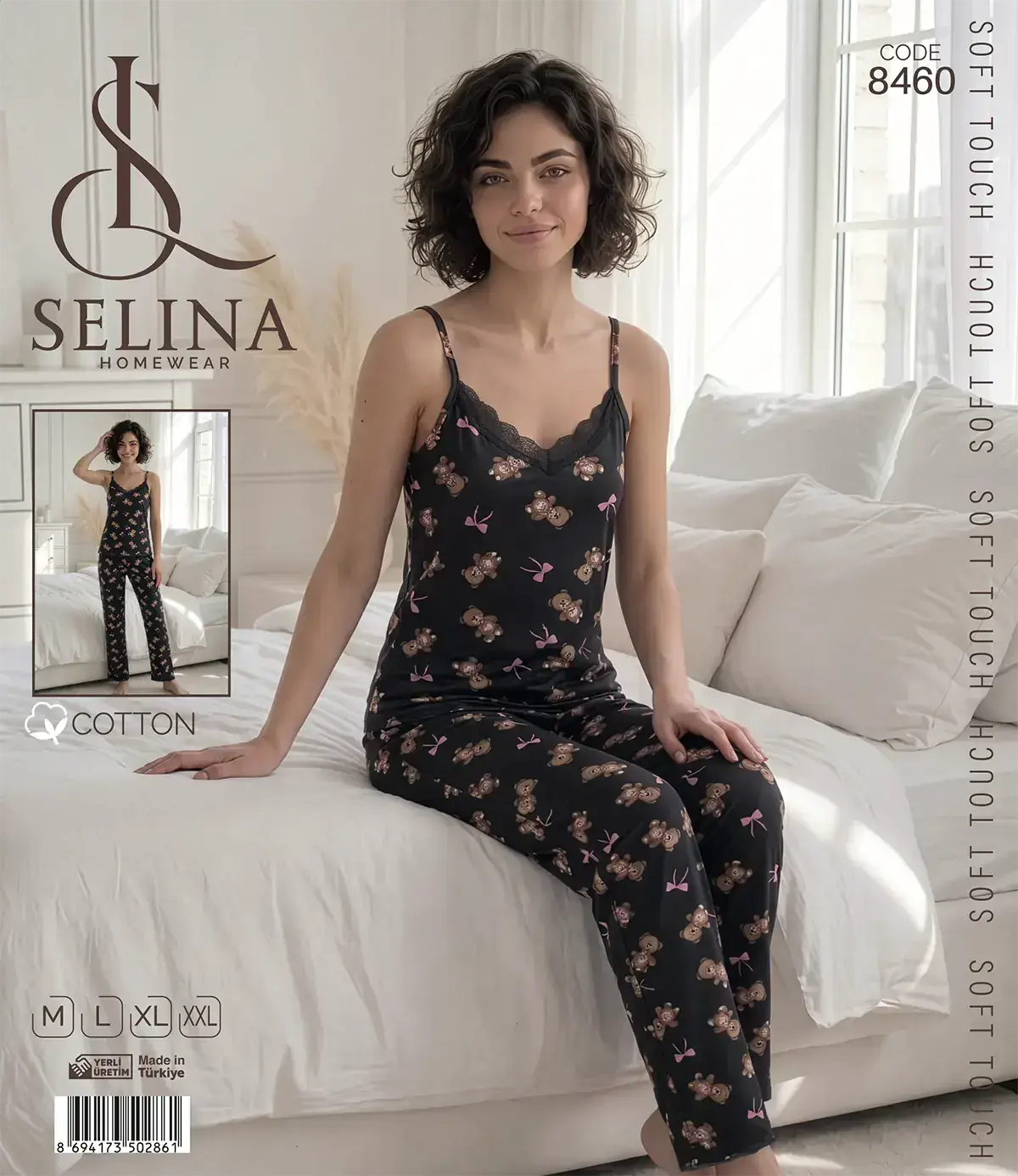 Selina 8460 (M-L-XL-XXL) Bayan İp Askılı Pijama Takım