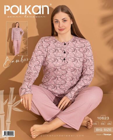 Polkan 10623 Battal Beden Bayan Uzun Kollu Bambu Pijama Takım 3'lü