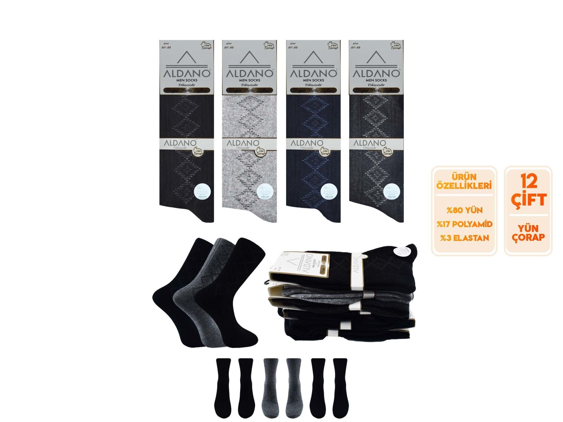 Aldano 05-3 Lambswool Yün Kışlık Erkek Soket 12'li