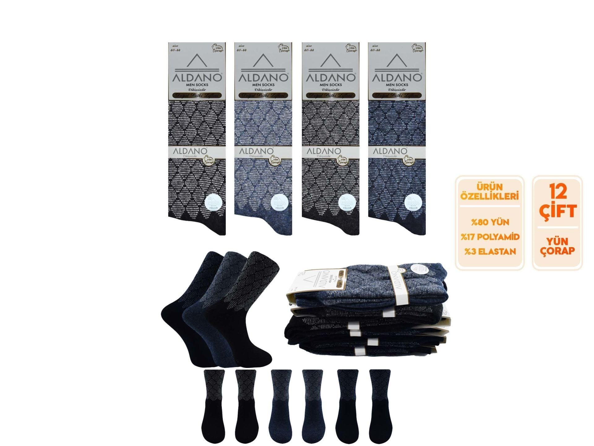 Aldano 05-6 Lambswool Yün Kışlık Erkek Soket 12'li