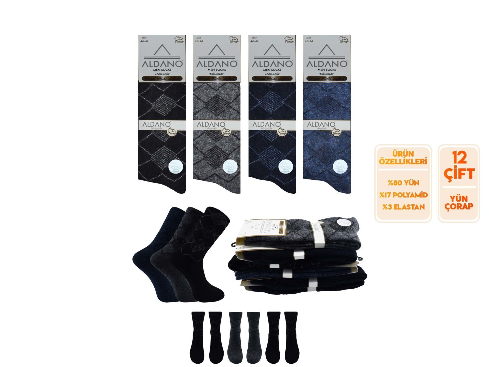 Aldano 05-7 Lambswool Yün Kışlık Erkek Soket 12'li