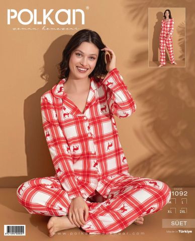 Polkan 11092 Bayan Uzun Kollu Süet Pijama Takım 4'lü
