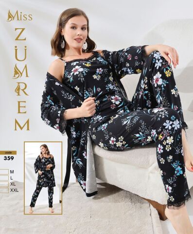 Zümrem 0359 Rink Viskon 3'lü Set Kısa Kollu Bayan Pijama Takımı 4'lü