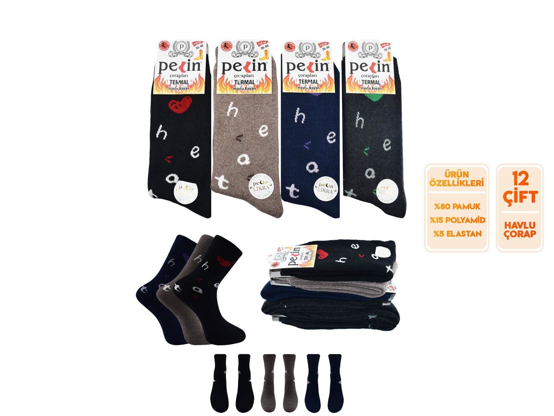 Pelin 10-10 Kışlık Bayan Termal Havlu Çorap 12'li