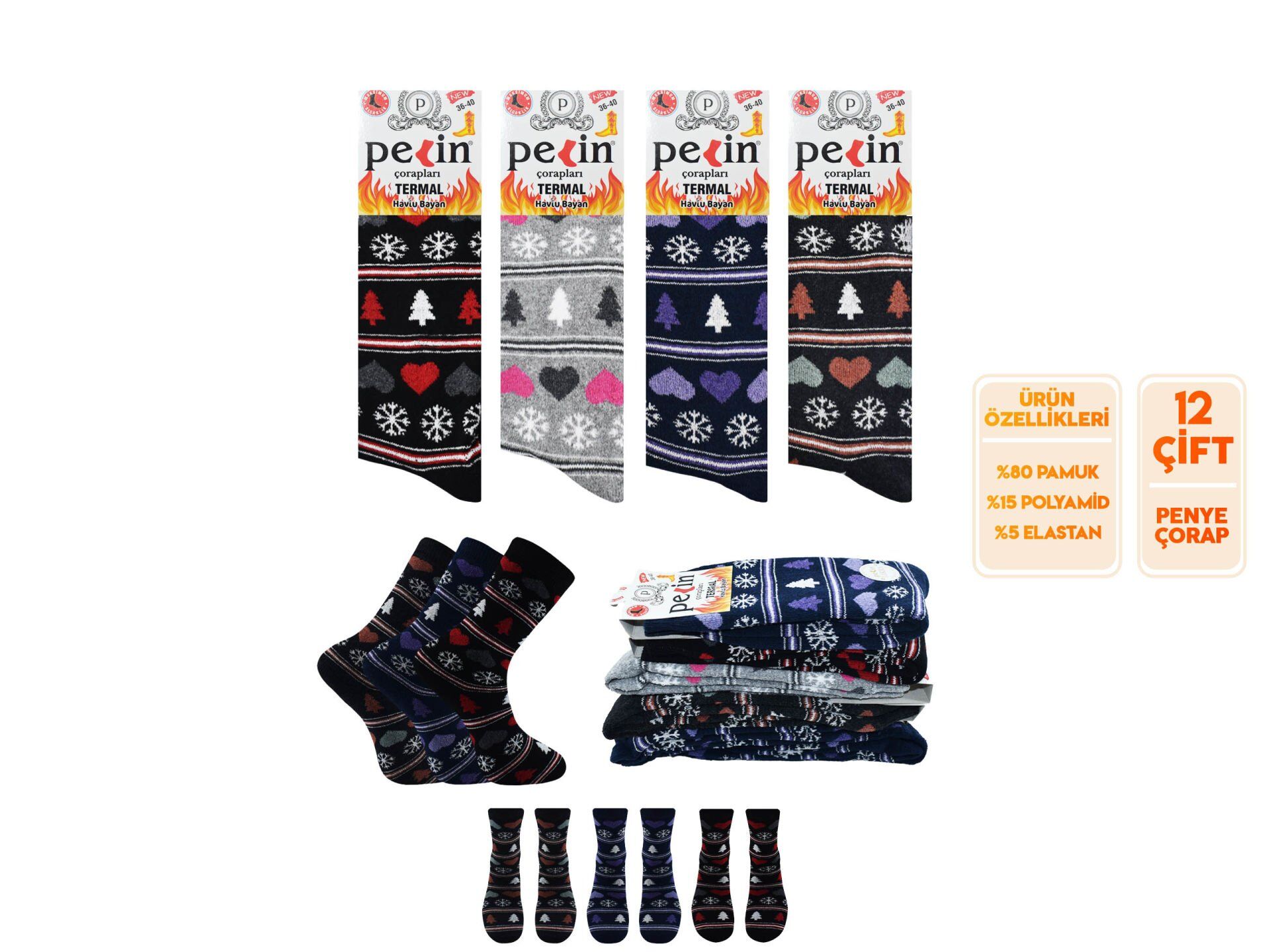 Pelin 10-12 Kışlık Bayan Termal Havlu Çorap 12'li
