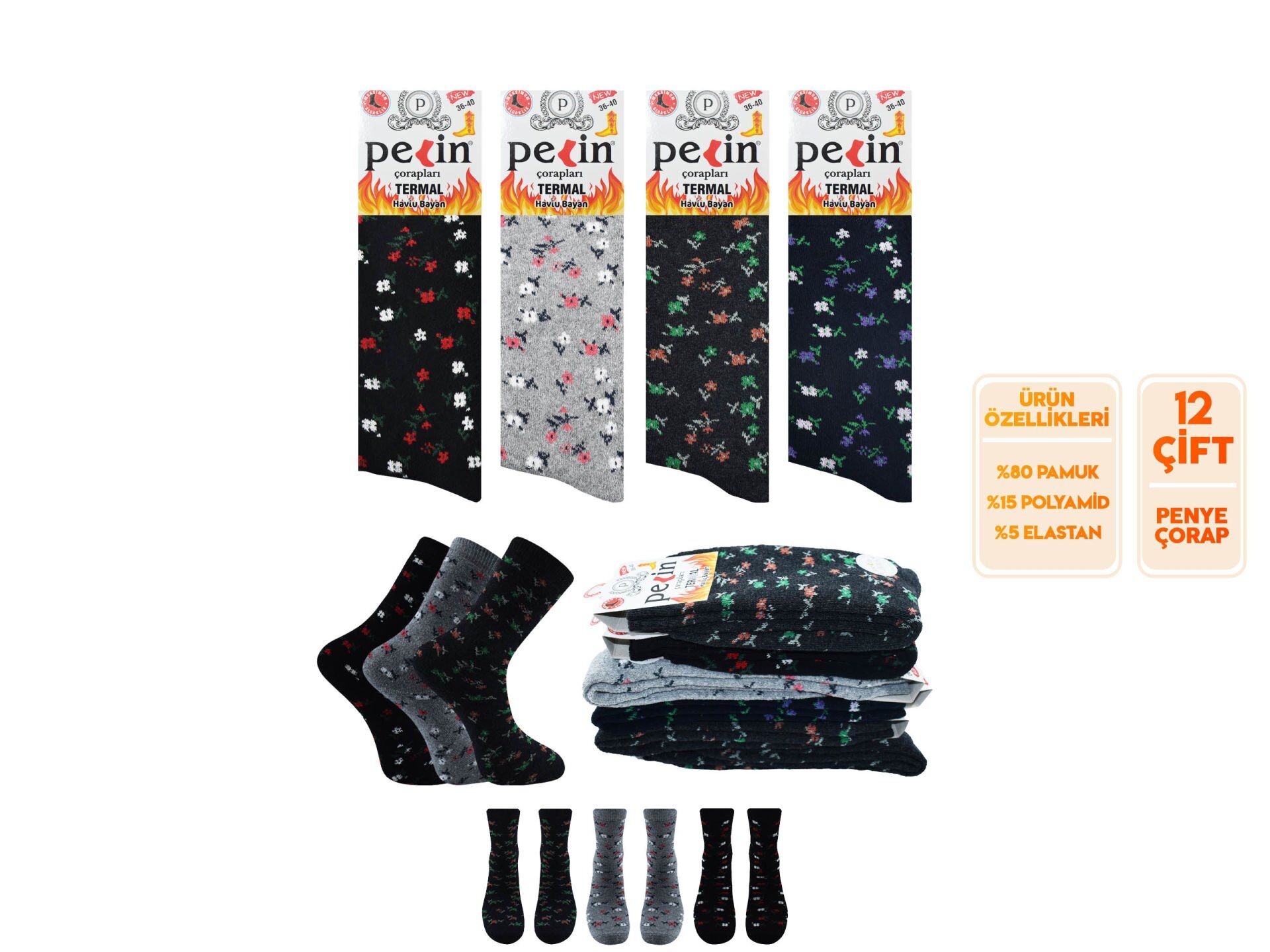 Pelin 10-11 Kışlık Bayan Termal Havlu Çorap 12'li