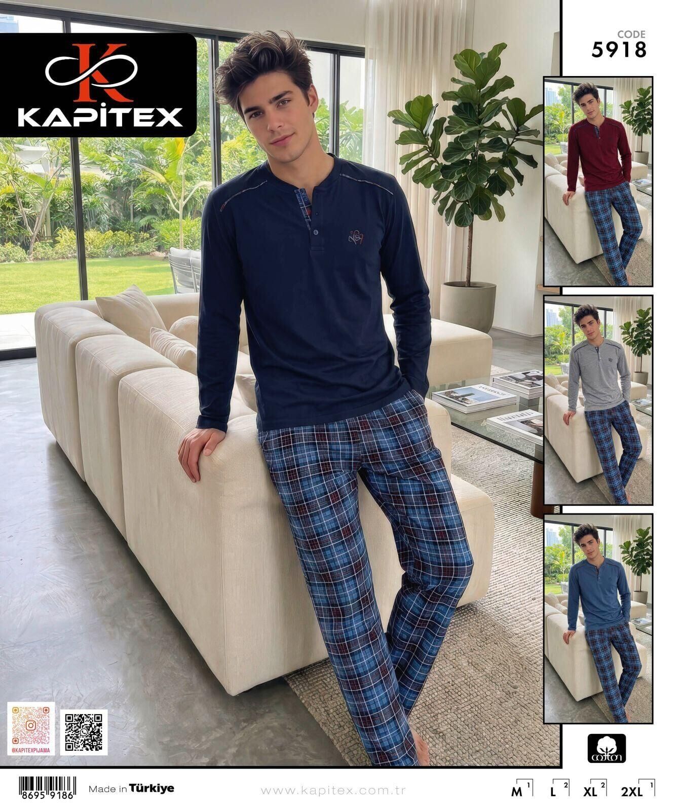 Kapitex 5918 (M-L-XL-XXL) Erkek Uzun Kol Pijama Takım 6'lı