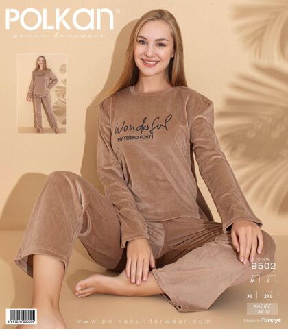Polkan 9502 (M-L-XL-XXL) Kadife Uzun Kollu Bayan Pijama Takım 4'lü