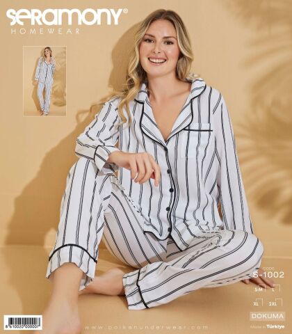 Seramony 1002 Dokuma Düğmeli Uzun Kollu Bayan Pijama Takım 4'lü