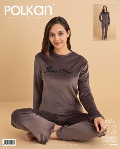 Polkan 9521 (M-L-XL-XXL) Kadife Uzun Kollu Bayan Pijama Takım 4'lü