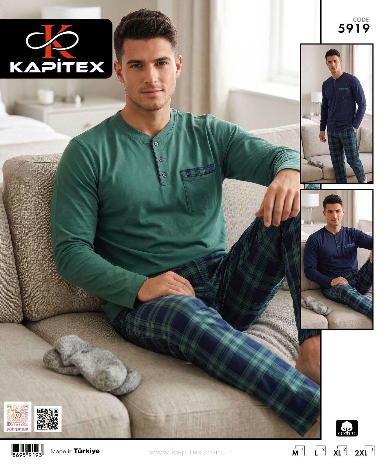 Kapitex 5919 (M-L-XL-XXL) Erkek Uzun Kol Pijama Takım 6'lı