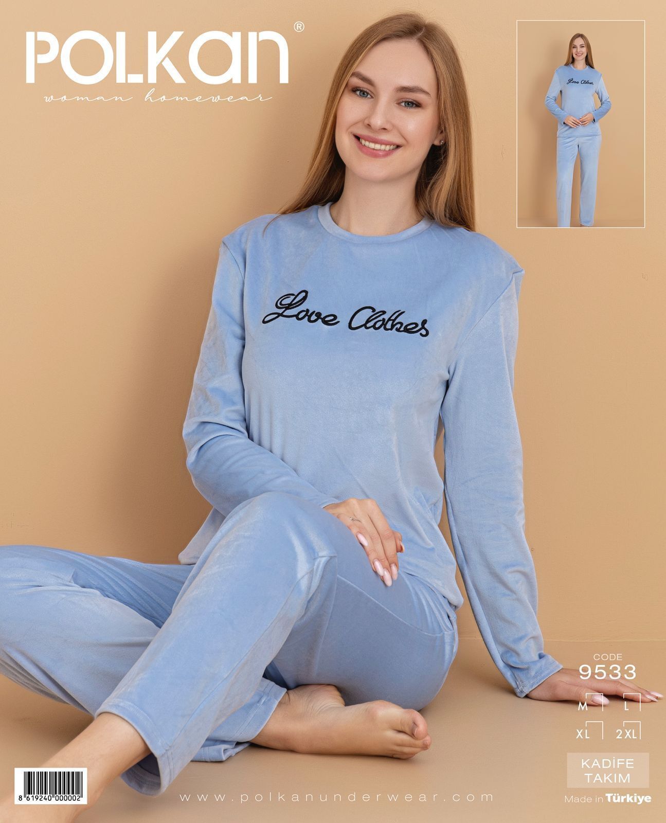 Polkan 9533 (M-L-XL-XXL) Kadife Uzun Kollu Bayan Pijama Takım 4'lü