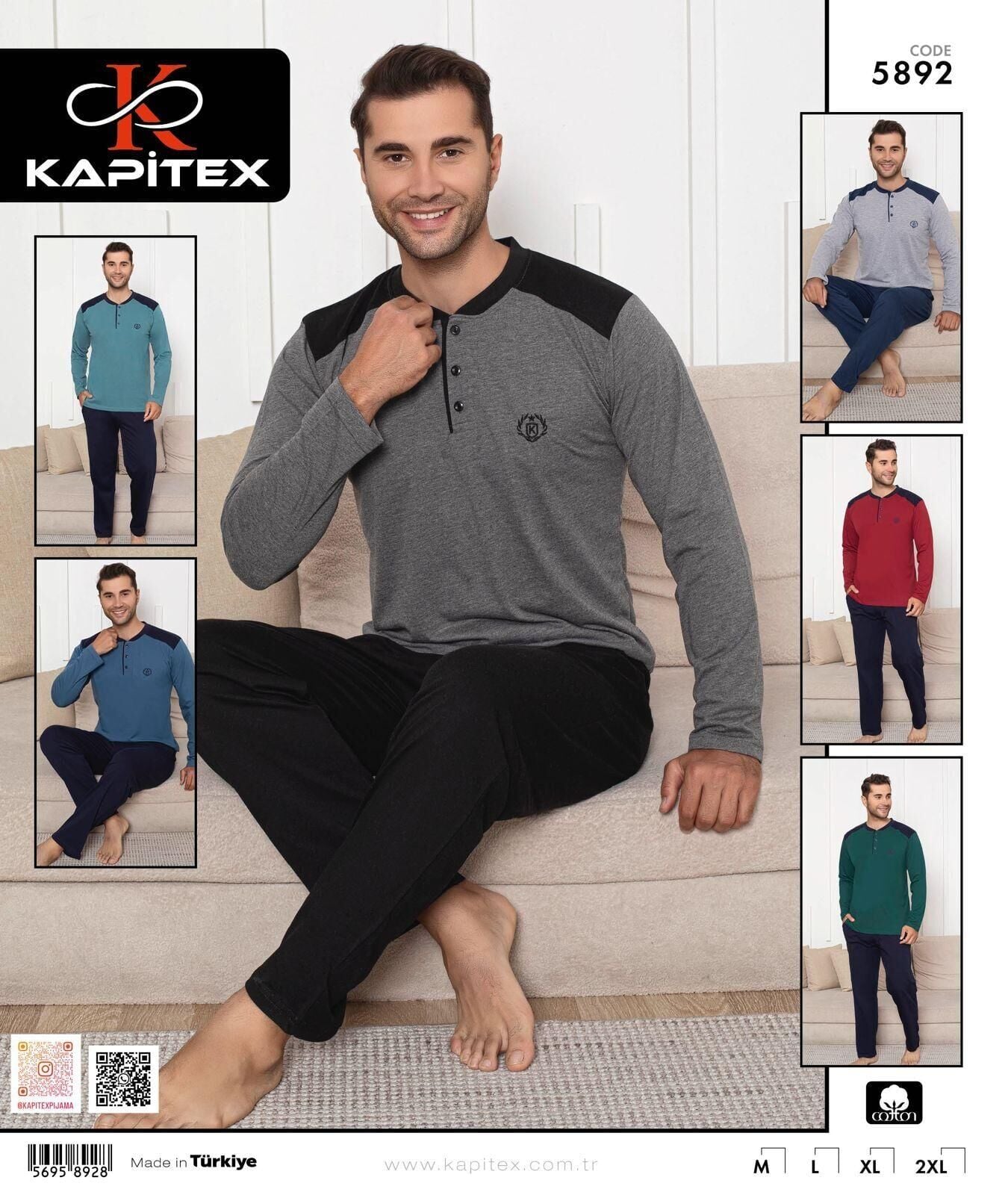 Kapitex 5892 (M-L-XL-XXL) Erkek Uzun Kol Pijama Takım 4'lü