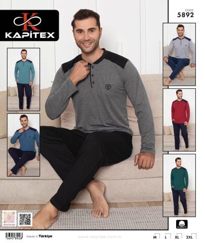 Kapitex 5892 (M-L-XL-XXL) Erkek Uzun Kol Pijama Takım 4'lü
