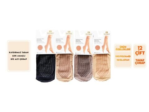 Dore Kaymaz Taban Tavaf Umre Çorabı Bayan Dizaltı 12'li