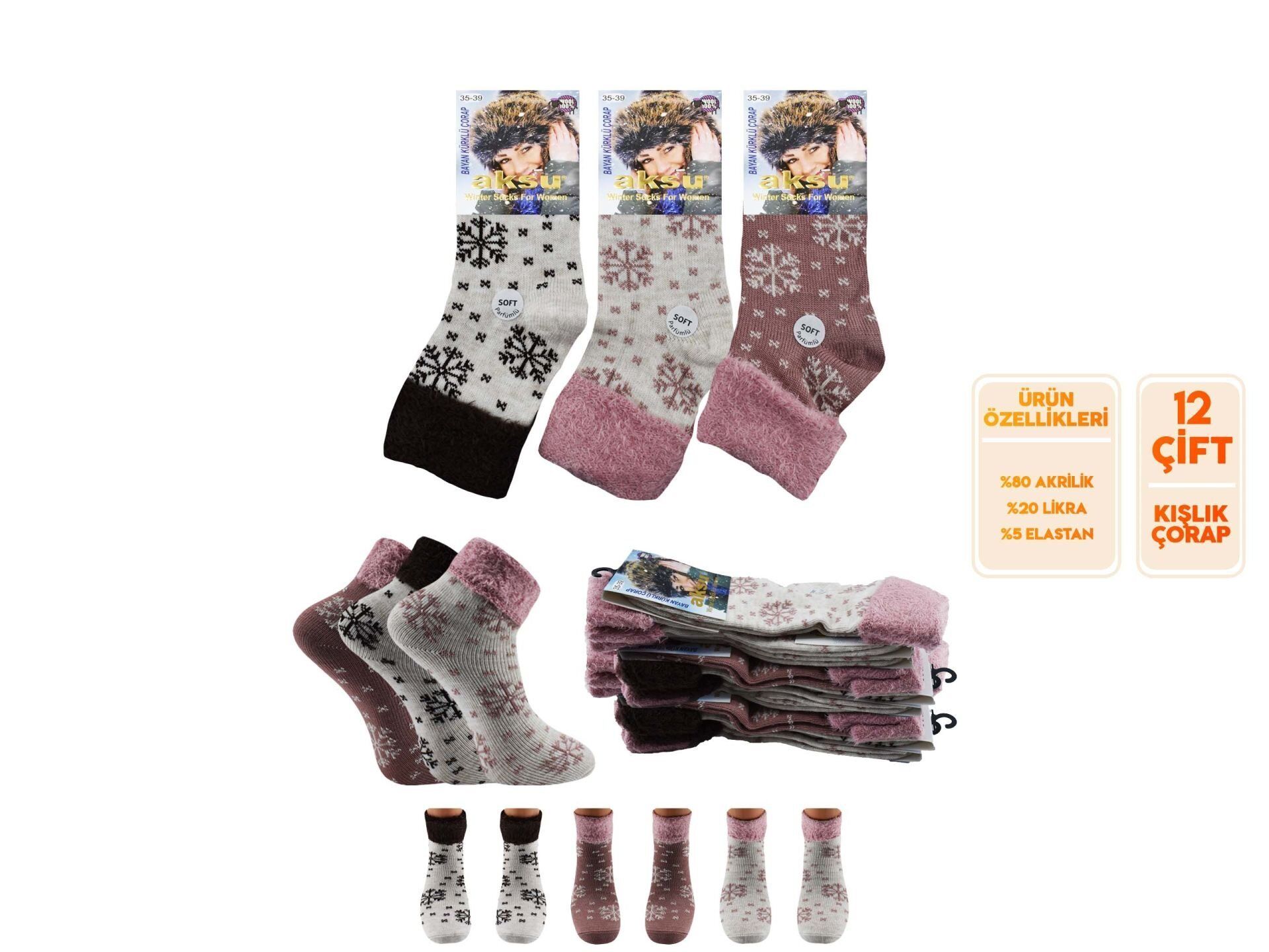 Aksu 012-1 Parlümlü Yıkamalı Kürklü Bayan Kışlık Havlu Patik 12'li