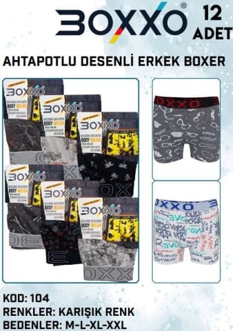 Boxxo 104 Ahtapotlu Desenli Erkek Likralı Boxer 12'li