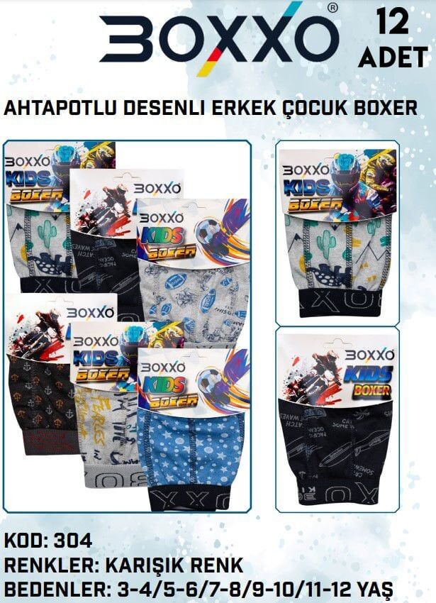 Boxxo 304 Ahtapotlu Desenli Erkek Çocuk Boxer 12'li