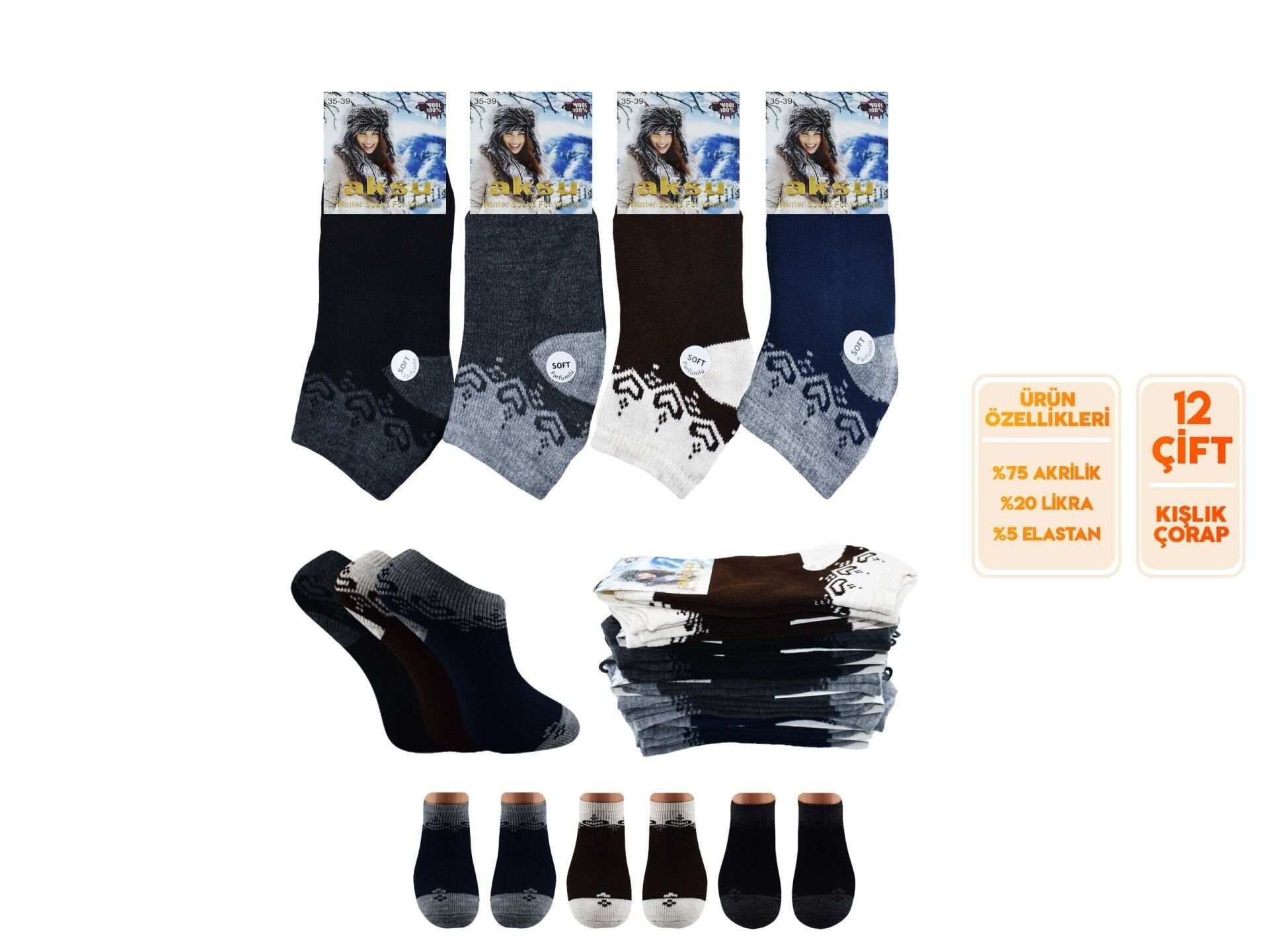 Aksu 011-1 Parlümlü Yıkamalı Bayan Kışlık Havlu Patik 12'li