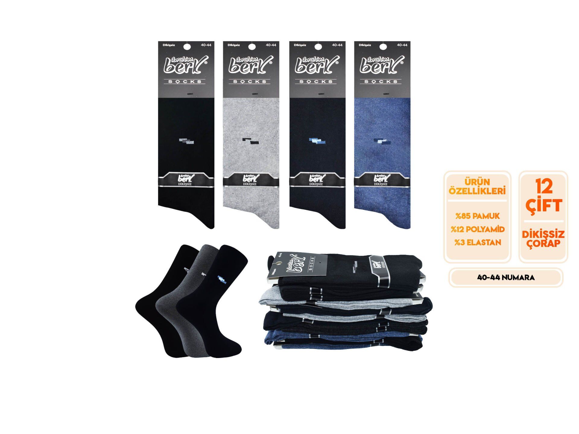 İbrahim Berk 23-2 Erkek Özel Dikişsiz Çorap 12'li