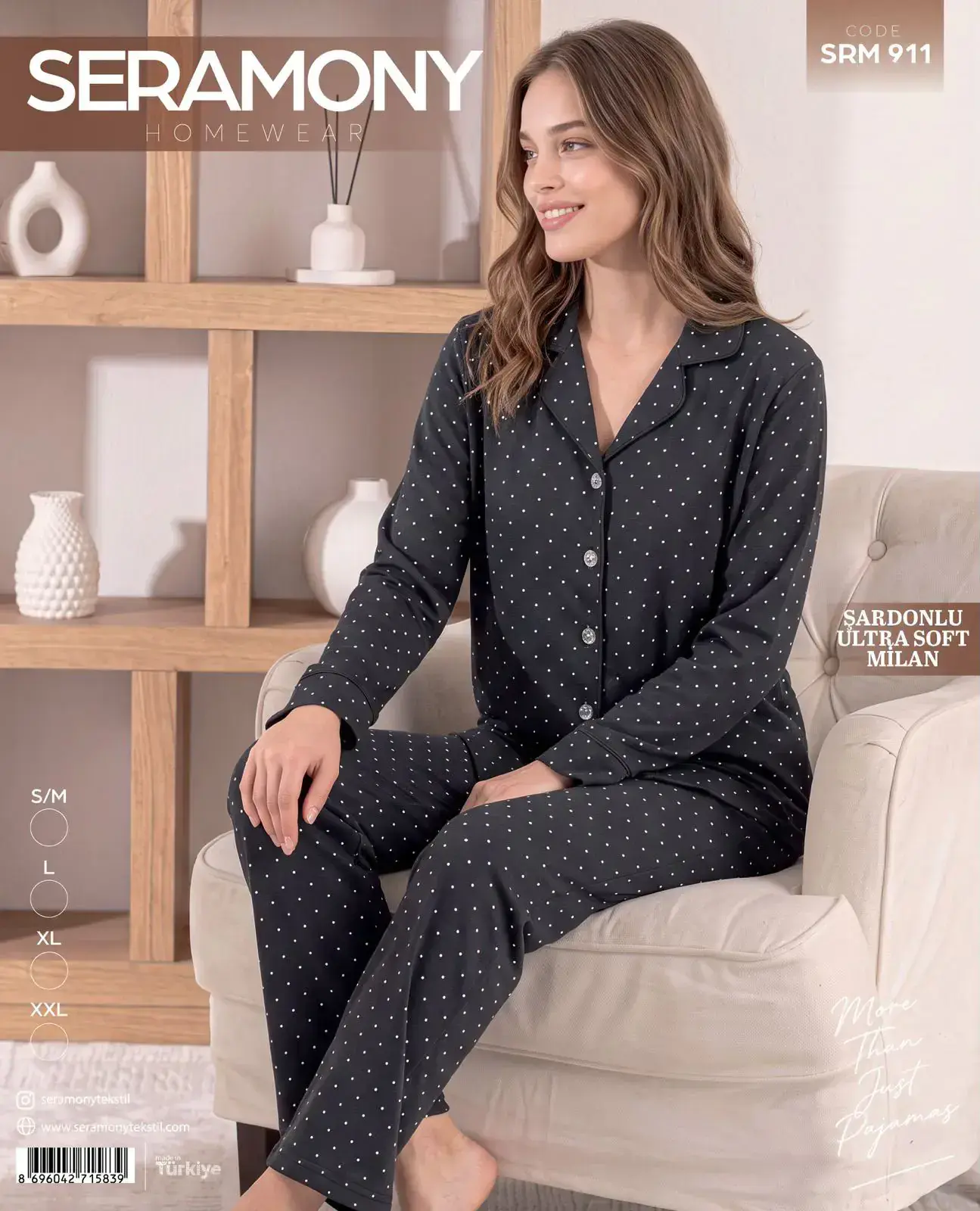 Seramony 911 (S-M-L-XL-XXL) Şardonlu Milan Uzun Kollu Boydan Düğmeli Bayan Pijama Takım 4'lü