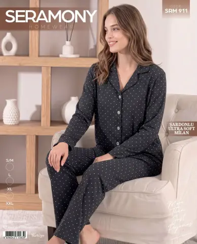 Seramony 911 (S-M-L-XL-XXL) Şardonlu Milan Uzun Kollu Boydan Düğmeli Bayan Pijama Takım 4'lü