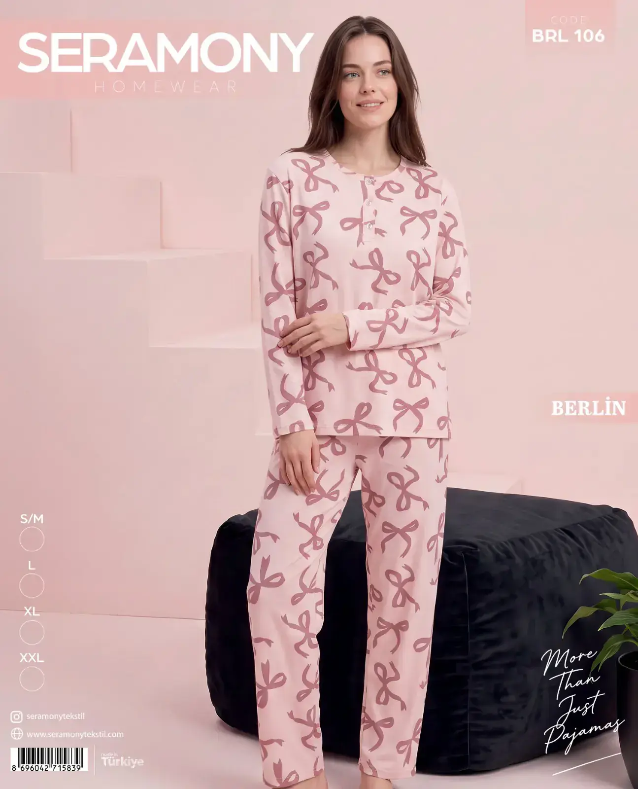 Seramony 106 (S-M-L-XL-XXL) Berlin Üç Düğmeli Bayan Uzun Kollu Pijama Takım 4'lü