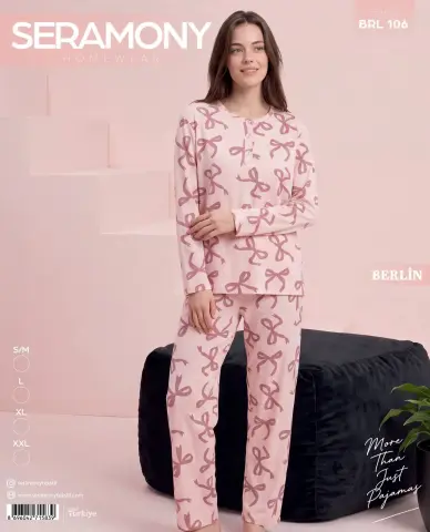Seramony 106 (S-M-L-XL-XXL) Berlin Üç Düğmeli Bayan Uzun Kollu Pijama Takım 4'lü