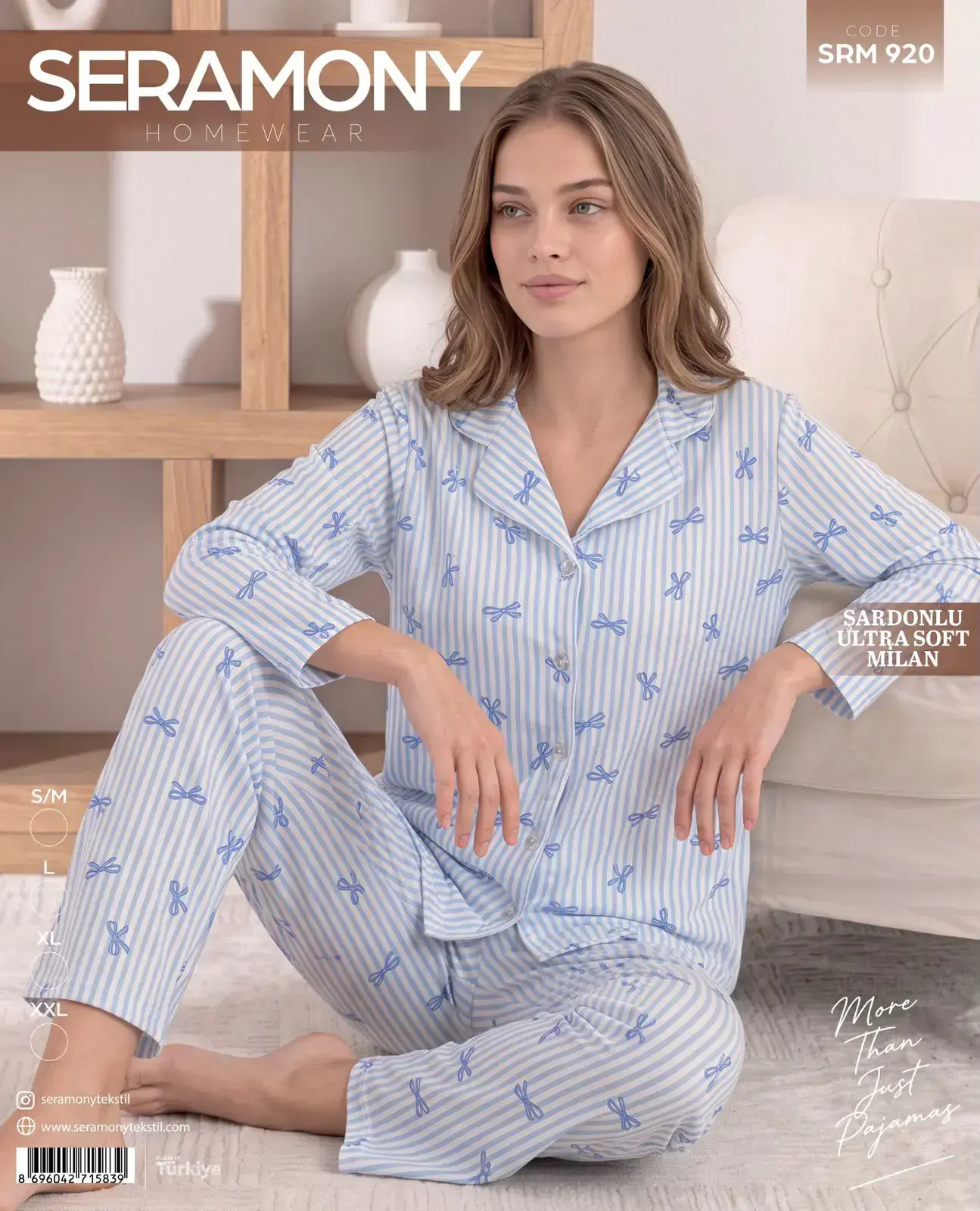 Seramony 920 (S-M-L-XL-XXL) Şardonlu Milan Uzun Kollu Boydan Düğmeli Bayan Pijama Takım 4'lü