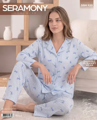 Seramony 920 (S-M-L-XL-XXL) Şardonlu Milan Uzun Kollu Boydan Düğmeli Bayan Pijama Takım 4'lü
