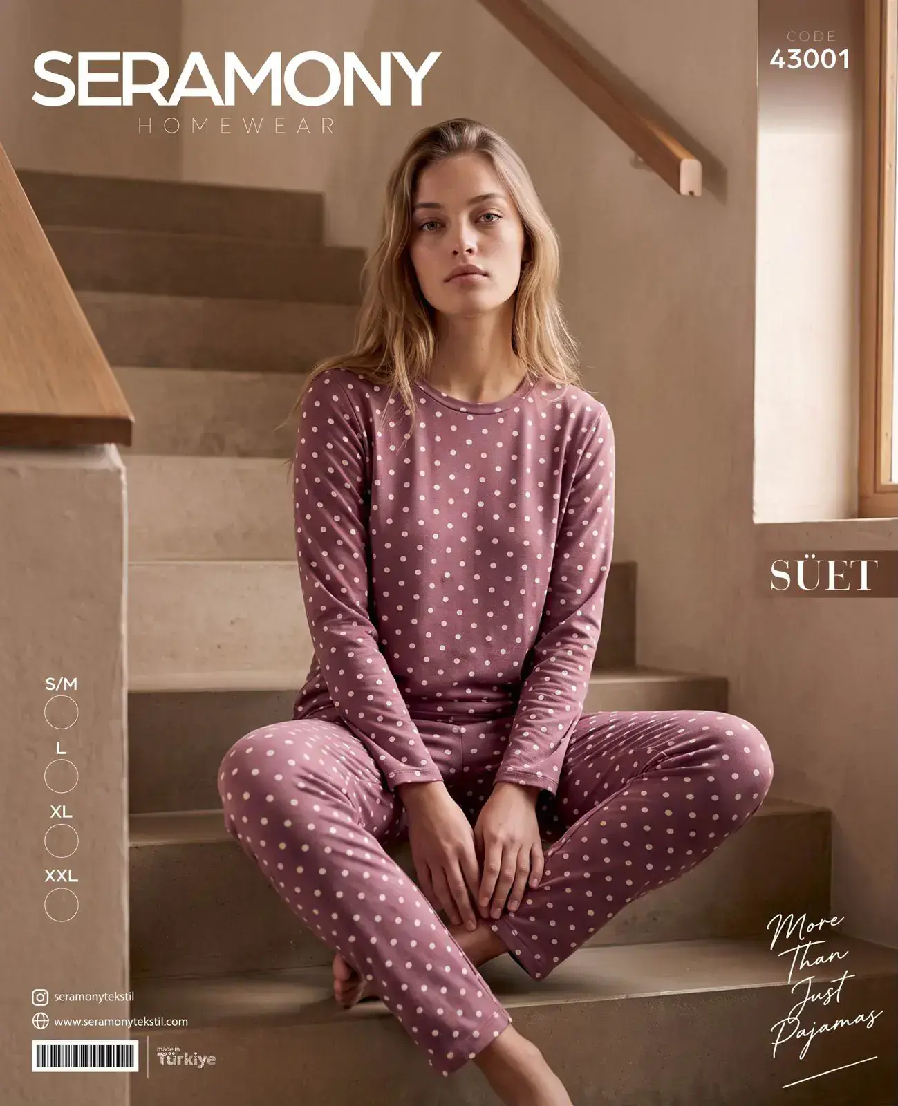 Seramony 43001 (S-M-L-XL-XXL) Süet Uzun Kollu Bayan Pijama Takım 4'lü