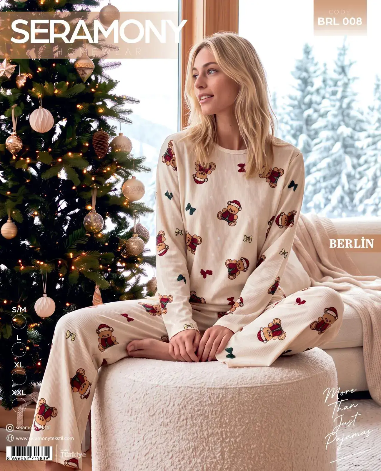 Seramony 008 (S-M-L-XL-XXL) Berlin Sıfır Yaka Uzun Kollu Bayan Pijama Takım 4'lü
