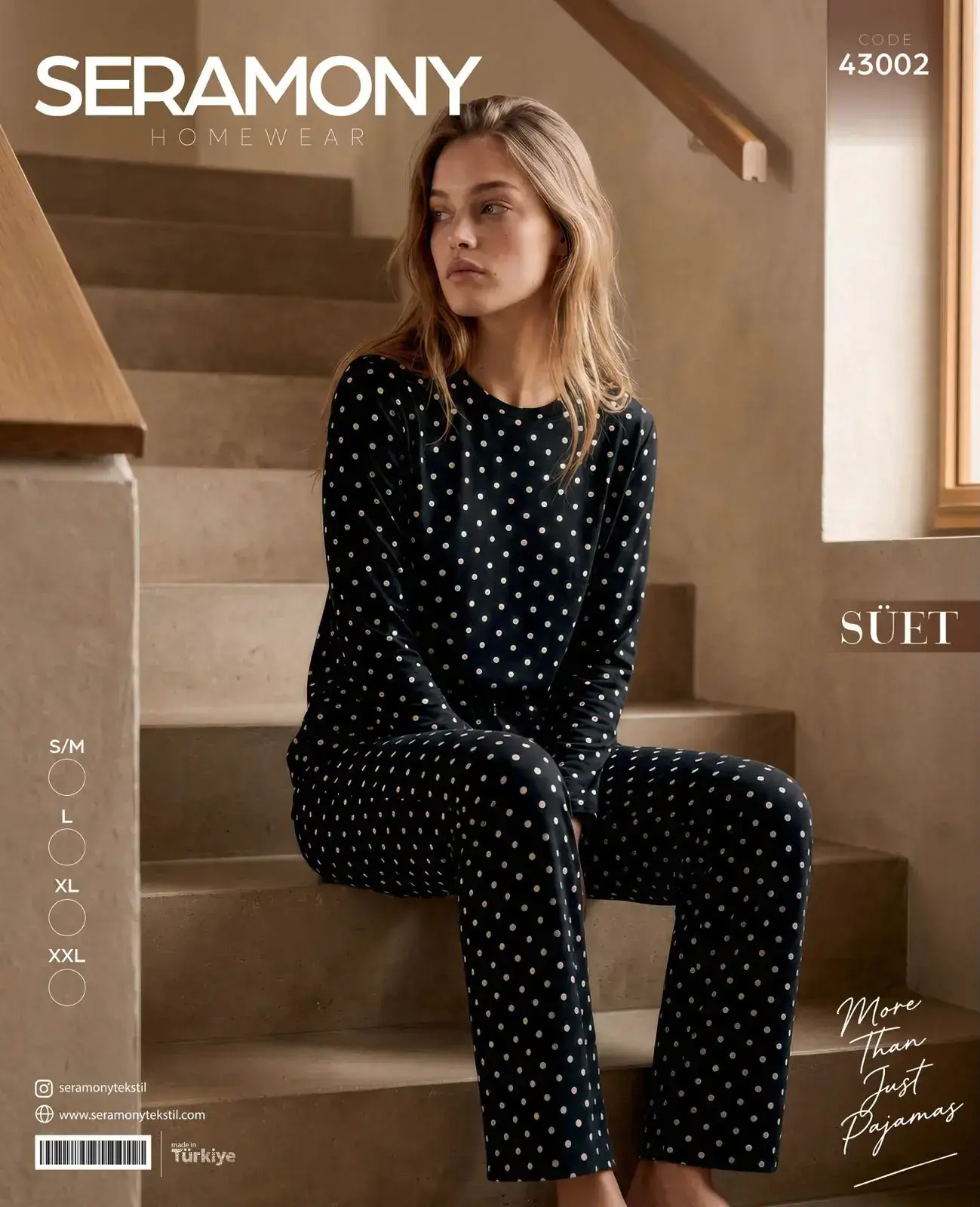 Seramony 43002 (S-M-L-XL-XXL) Süet Uzun Kollu Bayan Pijama Takım 4'lü