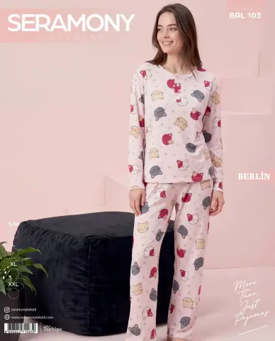 Seramony 103 (S-M-L-XL-XXL) Berlin Üç Düğmeli Bayan Uzun Kollu Pijama Takım 4'lü