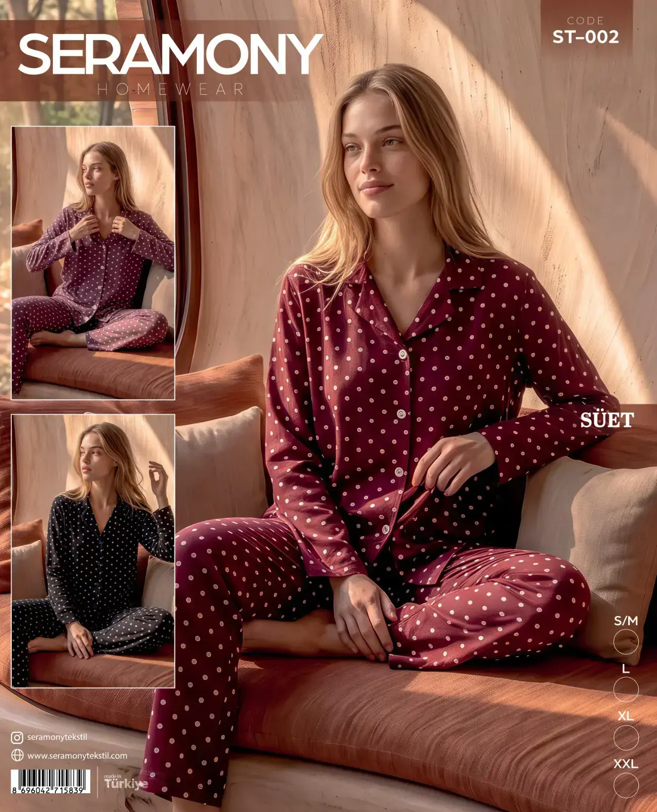Seramony 002 (S-M-L-XL-XXL) Süet Uzun Kollu Bayan Pijama Takım 4'lü
