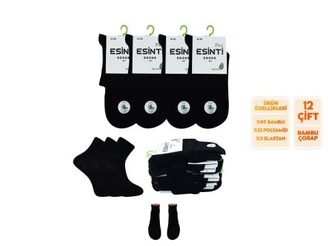 Esinti 31-Siyah Dikişsiz Yarım Konç Erkek Bambu Patik 12'li