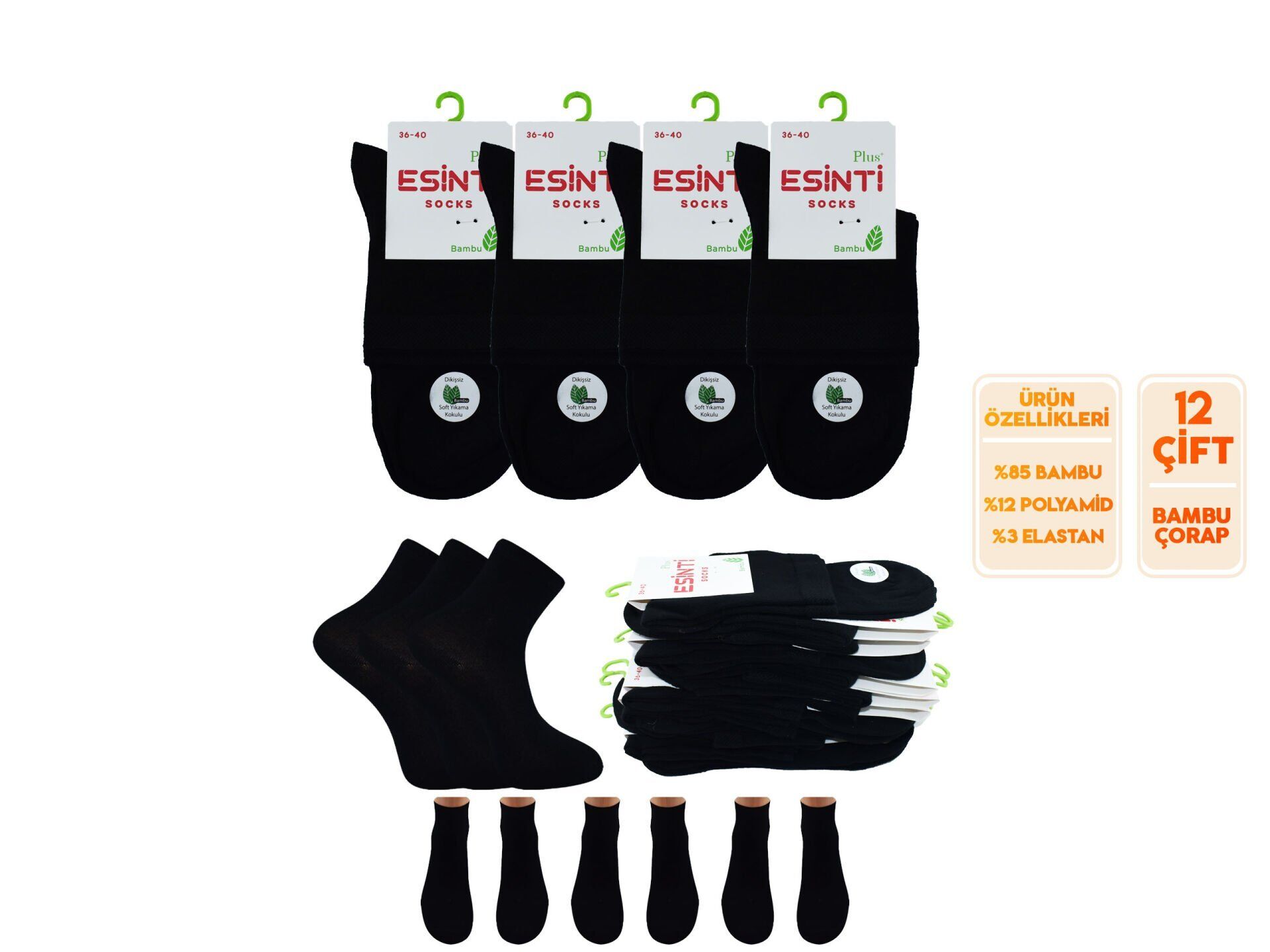 Esinti 32-Siyah Dikişsiz Yarım Konç Bayan Bambu Patik 12'li