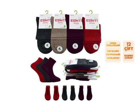 Esinti 32-Karısık Dikişsiz Yarım Konç Bayan Bambu Patik 12'li