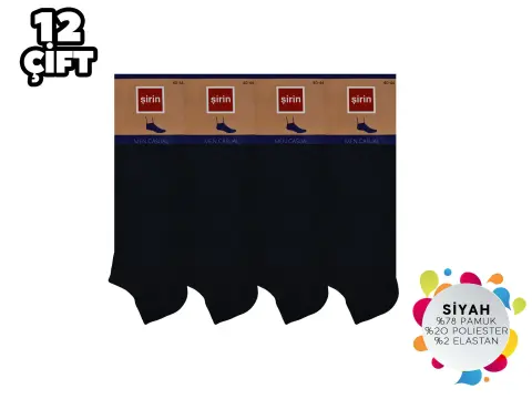 Şirin 7090-01 Düz Siyah Ter Emici Dikişsiz Erkek Penye Patik 12'li