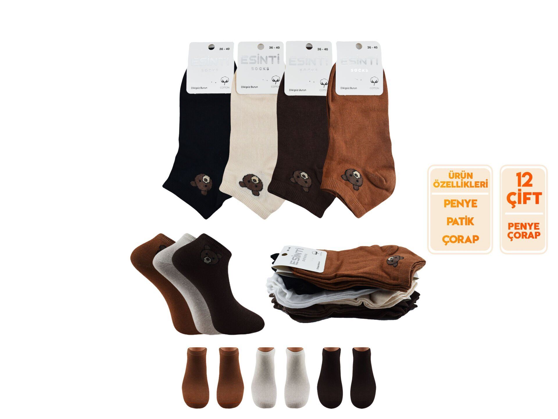 Esinti 30-32 Naturel Pamuk Dikişsiz Bayan Patik 12'li