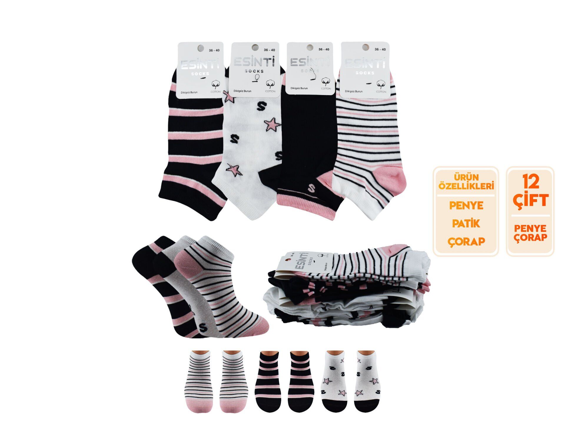 Esinti 30-36 Naturel Pamuk Dikişsiz Bayan Patik 12'li