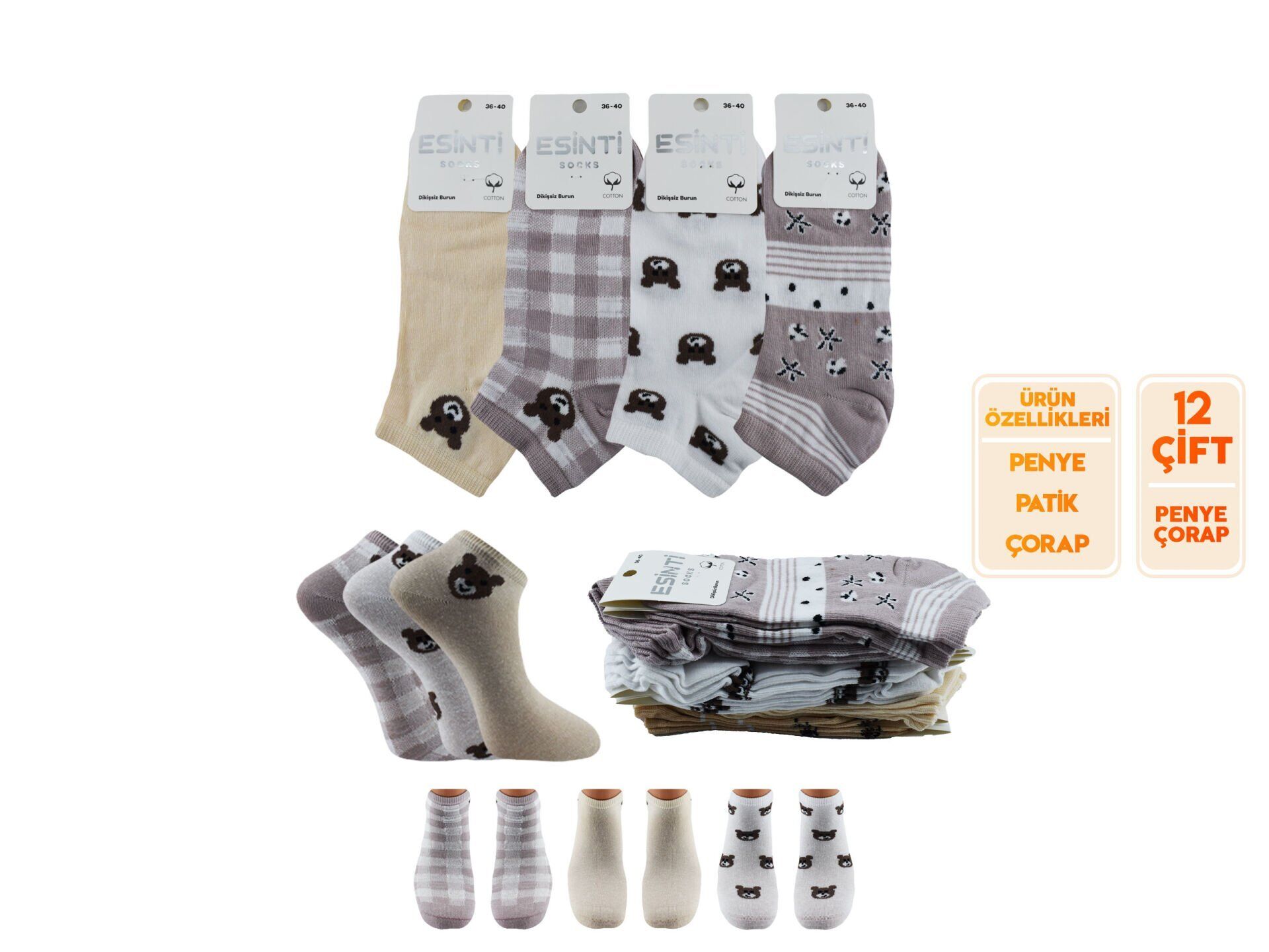 Esinti 30-38 Naturel Pamuk Dikişsiz Bayan Patik 12'li