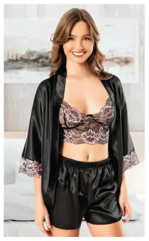 Miss Laris 5078 (M-L-XL) Bayan Üçlü Saten Şortlu Takım